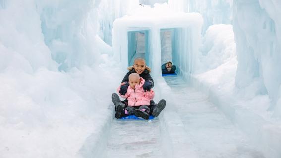 Shore goes sledding down the ice.